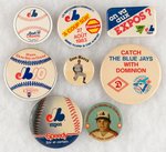 MONTREAL EXPOS LOT OF SIX MUCHINSKY BOOK PHOTO EXAMPLE & TWO UNLISTED BUTTONS.