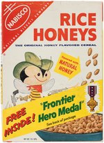 NABISCO "RICE HONEYS" FULL CEREAL BOX WITH RIN TIN TIN "FRONTIER HERO MEDAL" PREMIUM OFFER.