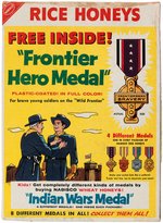 NABISCO "RICE HONEYS" FULL CEREAL BOX WITH RIN TIN TIN "FRONTIER HERO MEDAL" PREMIUM OFFER.