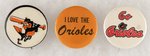 BALTIMORE ORIOLES LOT OF THREE MUCHINSKY BOOK PHOTO EXAMPLE BUTTONS.