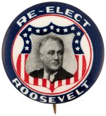 "RE-ELECT ROOSEVELT" 1936 PATRIOTIC SHIELD PORTRAIT BUTTON.