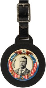 STRIKING "ROOSEVELT" PORTRAIT BUTTON ON LEATHER WATCH FOB.