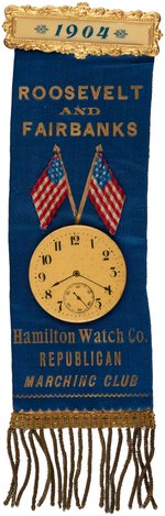 ROOSEVELT/FAIRBANKS "HAMILTON WATCH CO. REPUBLICAN MARCHING CLUB" RIBBON BADGE.