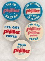 PHILADELPHIA PHILLIES LOT OF FIVE 1977 MUCHINSKY BOOK PHOTO EXAMPLE BUTTONS.