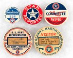 GLENN L. MARTIN FIVE WORLD WAR II ERA IN-HOUSE BUTTONS INCL. COMPANY MAGAZINE.