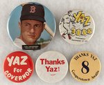 BOSTON RED SOX LOT OF FIVE "YAZ" W/ONE MUCHINSKY BOOK PHOTO EXAMPLE BUTTONS.