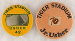DETROIT TIGERS LOT OF TWO USHER BUTTONS W/ONE MUCHINSKY BOOK PHOTO EXAMPLE BUTTONS.