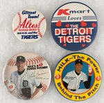 DETROIT TIGERS FOUR AD BUTTONS W/THREE MUCHINSKY BOOK PHOTO EXAMPLE BUTTONS.