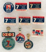 7TH WAR LOAN TEN PIECES INCL. FIVE "ON TO TOKYO" & ONE "HELP BOMB TOKYO" BUTTON.