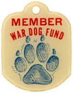 "DOGS FOR DEFENSE"  RARE PLASTIC TAG DESIGNATES "MEMBER WAR DOG FUND".