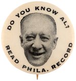 SMITH "DO YOU KNOW AL? READ PHILA RECORD" 1928 BUTTON HAKE #97.