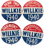 FOUR "WILLKIE 1940" PENNSYLVANIA TOWN SLOGAN BUTTONS.