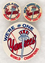 NEW YORK YANKEES LOT OF TWO WORLD SERIES MUCHINSKY BOOK PHOTO EXAMPLE BUTTONS PLUS ONE.