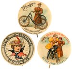 LADIES ON THREE BICYCLE AD BUTTONS C. 1896-1900 & HAKE'S CPB BOOK COLOR PLATE SPECIMENS.