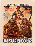 WORLD WAR II "168th ANNIVERSARY U.S. MARINE CORPS" LINEN-MOUNTED RECRUITMENT POSTER.