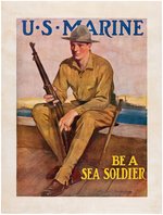 WORLD WAR I "U.S. MARINE - BE A SEA SOLDIER" LINEN-MOUNTED RECRUITMENT POSTER.