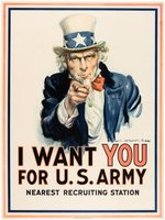 CLASSIC WORLD WAR I UNCLE SAM "I WANT YOU FOR U.S. ARMY" LINEN-MOUNTED RECRUITMENT POSTER.