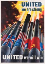 WORLD WAR II "UNITED WE ARE STRONG - UNITED WE WILL WIN" LINEN-MOUNTED POSTER.