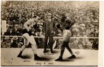 JIM JEFFRIES - JACK JOHNSON - TEX RICKARD JULY 4, 1910 FIGHT OF THE CENTURY REAL PHOTO POSTCARD.