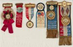 TEN LABOR UNION RIBBON BADGES ALL WITH CELLO BUTTONS OR MEDALLIONS.
