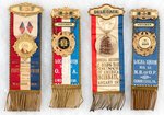 TEN LABOR UNION RIBBON BADGES ALL WITH CELLO BUTTONS OR MEDALLIONS.