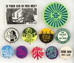 COLLECTION OF 11 ANTI-VIETNAM WAR BUTTONS INCLUDING "IS YOUR KID IN THIS BOX."