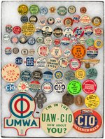 COLLECTION OF 77 CIO LABOR BUTTONS AND RELATED ITEMS.