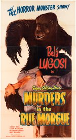 BELA LUGOSI "MURDERS IN THE RUE MORGUE" RARE 1948 RE-RELEASE THREE-SHEET MOVIE POSTER.