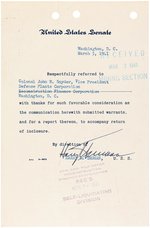 TRUMAN SIGNED LETTER ON SENATE STATIONARY FROM 1941.