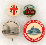 KU KLUX KLAN GROUP OF FOUR C. 1925 BUTTONS TWO PICTURING KLAN HOMES IN PENNSYLVANIA.