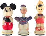 MICKEY, DONALD AND PINOCCHIO (3) FIGURAL CELLULOID PENCIL SHARPENERS.