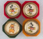 MICKEY, MINNIE (2) AND FIDDLER PIG OCTAGONAL SHARPENERS WITH BRASS RIMS.