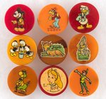 DISNEY CHARACTERS (9) ROUND CATALIN PLASTIC SHARPENERS LATE 1930s-EARLY 1950s.