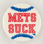 METS SUCK BUTTON WITH CURL TEXT "YANKEE FAN CLUB 1988" MUCHINSKY BOOK PHOTO EXAMPLE.