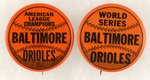 ORIOLES AL CHAMPS AND WORLD SERIES 1966 BUTTON PAIR MUCHINSKY BOOK PLATE EXAMPLES.