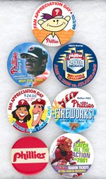 PHILLIES SIX SPECIAL PURPOSE BUTTONS AND ONE TEAM NAME ALL MUCHINSKY BOOK PHOTO EXAMPLES.