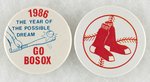 RED SOX (2) BUTTONS C. 1986 MUCHINSKY BOOK PHOTO EXAMPLES.