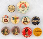 TOBACCO ADVERTISING, PRIMARILY CIGARS, NINE BUTTONS AND ONE EARLY UNION LAPEL STUD.