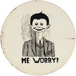 "ME WORRY" PRE-ALFRED E. NEWMAN AND MAD MAG. C. LATE 1940s TIN COVERED HOT PAD.
