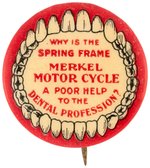 MERKEL MOTORCYLE EARLY 1900s BUTTON TOUTING THEIR SMOOTH RIDING SPRING FRAME.