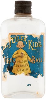 "DE YELLER KID'S HIGH BALL" WHISKEY BOTTLE WITH YELLOW KID ILLUSTRATED LABEL.