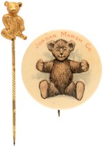 EARLIEST BUTTON ADVERTISING A STUFFED TEDDY BEAR PLUS VINTAGE FIGURAL STICKPIN.