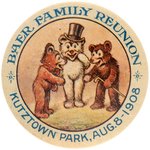 BAER FAMILY REUNION 1908 KUTZTOWN PARK CARTOON BEARS BUTTON.