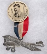 "WELCOME OUR HERO CAPT. CHARLES A. LINDBERGH" SCARCE REAL PHOTO PORTRAIT BUTTON AND HANGER.
