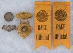 50 AND 100 MILE "CENTURY"  BICYCLE RIDE FIVE BADGES AND RIBBONS C. 1896-1904.