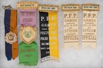 75 MILE 1909 AWARD BADGE PLUS FOUR BICYCLE RIDE/RACES RIBBON BADGES