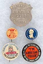 BALTIMORE 1930s NEWSPAPER COMIC STRIP BADGES INCLUDING DICK TRACY, TAILSPIN TOMMY, JIGGS & MORE.
