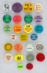 COLLECTION OF 25 HIPPIE DRUG CULTURE BUTTONS ALL FROM THE LATE 1960s.