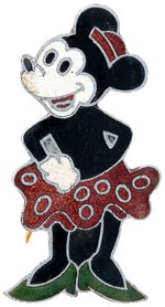 MINNIE MOUSE FRENCH MADE 1930s ENAMEL PIN WITH HER IN RED DRESS AND GREEN HIGH HEEL SHOES.