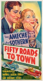 "FIFTY ROADS TO TOWN" LINEN-MOUNTED THREE SHEET MOVIE POSTER.